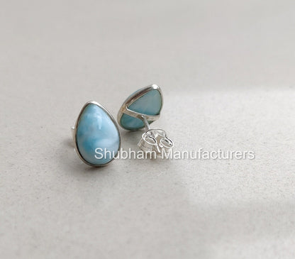 Natural Larimar Stud Earrings, 925 Sterling Silver Studs , Simple Everyday Studs, Blue Gemstone Earrings, Cabochon Stone, Teardrop Studs