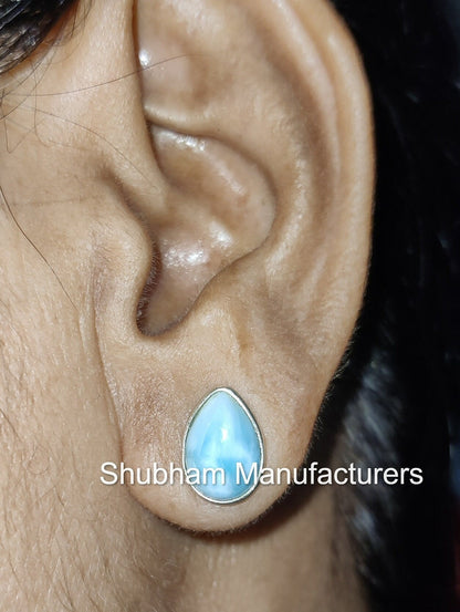 Natural Larimar Stud Earrings, 925 Sterling Silver Studs , Simple Everyday Studs, Blue Gemstone Earrings, Cabochon Stone, Teardrop Studs