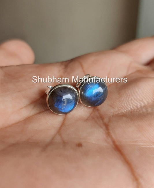 Blue Flash Labradorite Stud Earrings, 925 Sterling Silver Studs, Round Cabochon Studs, Natural Stone, Flashy Gemstone Earrings for Women