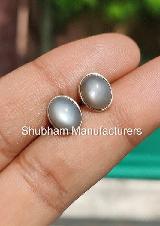 Natural Gray Moonstone Stud Earrings, 925 Sterling Silver Studs, Healing Moonstone Jewelry, Flashy Gemstone Earrings for Women, Gift for Her