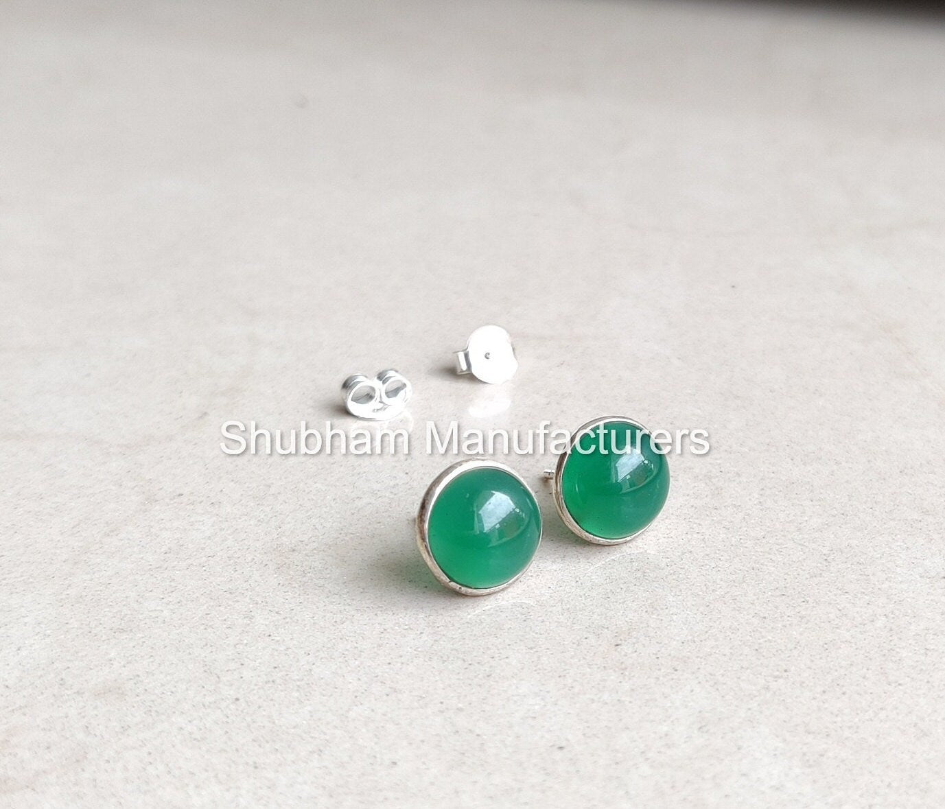 Green Onyx Stud Earrings, 925 Sterling Silver Studs, Natural Stone Studs, Birthstone Earrings, Round Cabochon Gemstone Studs,Bridesmaid Gift