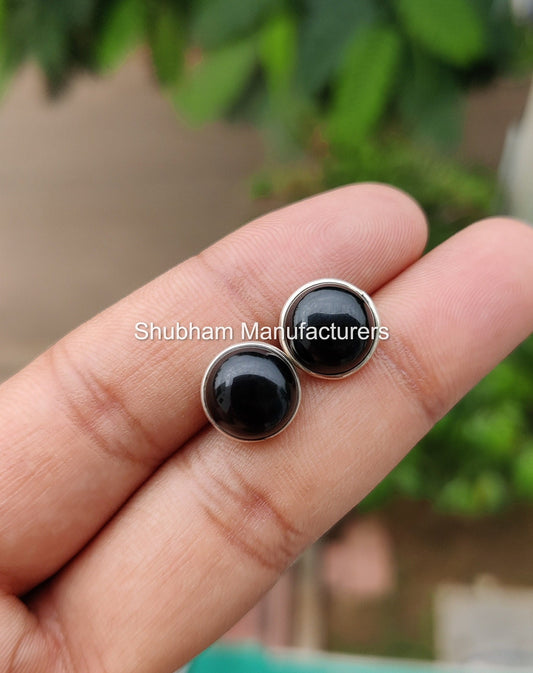 Natural Black Onyx Studs Earrings, 925 Sterling Silver Studs, Black Studs Everyday Earring, Onyx Jewelry, Cabochon Stone Stud,  Unisex Studs