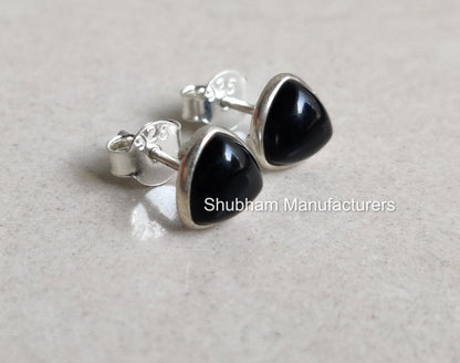 Black Onyx Stud Earrings, 925 Sterling Silver Studs, Black Studs for Women & Men, Cabochon Gemstone Earrings, Trillion Shape Studs for Girls