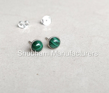 Malachite Stud Earrings, 925 Sterling Silver Studs, Semi Precious Stone Studs, Tiny Dainty Earrings for Girls And Women, Green Gemstone Stud