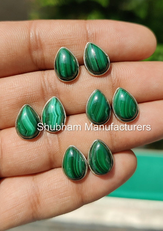 Natural malachite Stud Earrings, 925 Sterling Silver Studs, Simple Earrings for Women, Pear Shape Studs, Birthstone Jewelry,Green Stone Stud