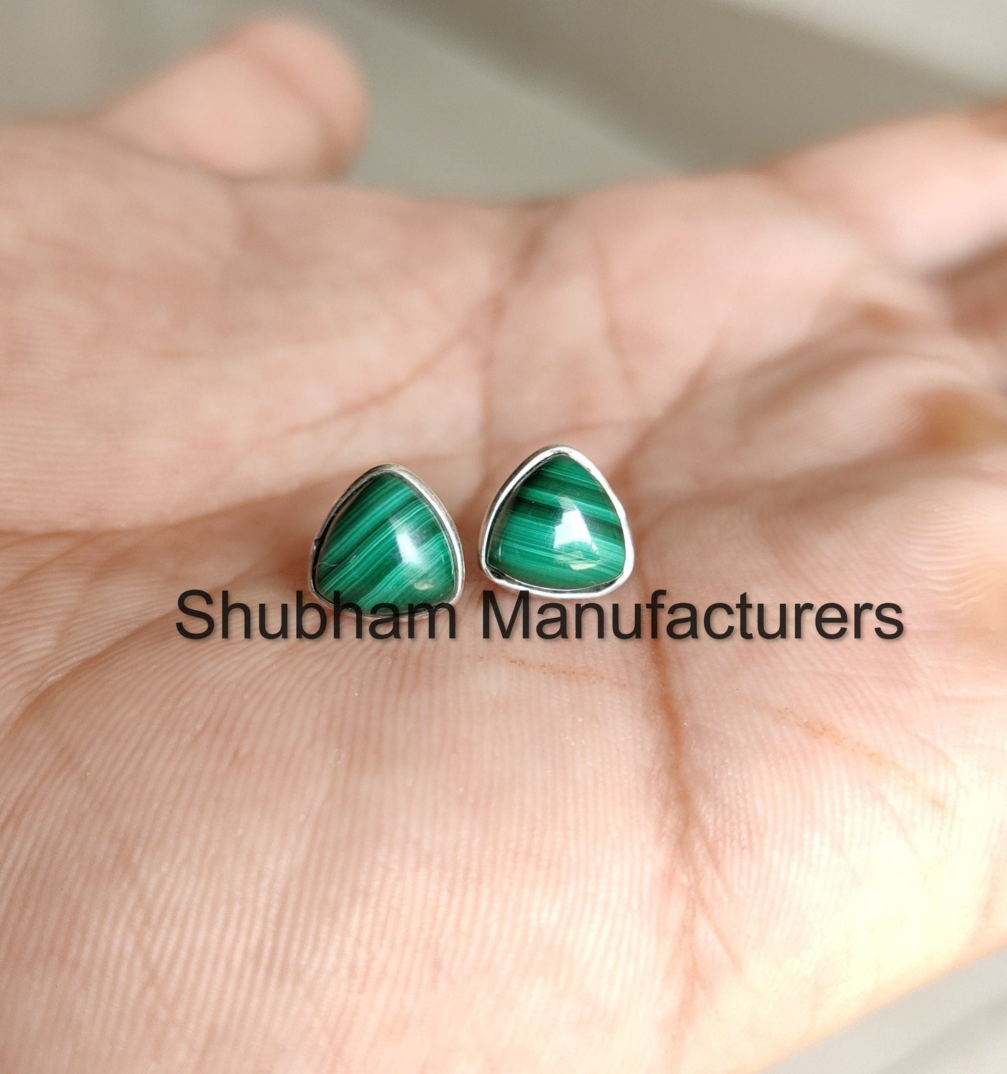 Natural Malachite Stud Earrings, 925 Sterling Silver Studs, malachite Silver Post Earrings, Simple Earrings for Women, Dainty Trillion Studs