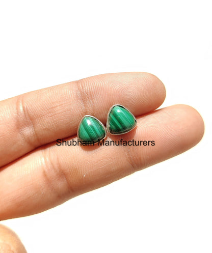 Natural Malachite Stud Earrings, 925 Sterling Silver Studs, malachite Silver Post Earrings, Simple Earrings for Women, Dainty Trillion Studs