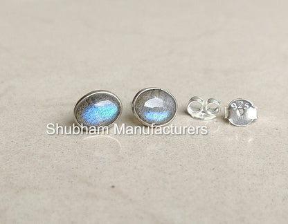 Blue Fire Labradorite Stud Earrings, 925 Sterling Silver Studs, Flashy Gemstone Studs, Natural Stone Earrings, Spectrolite Earrings for Her