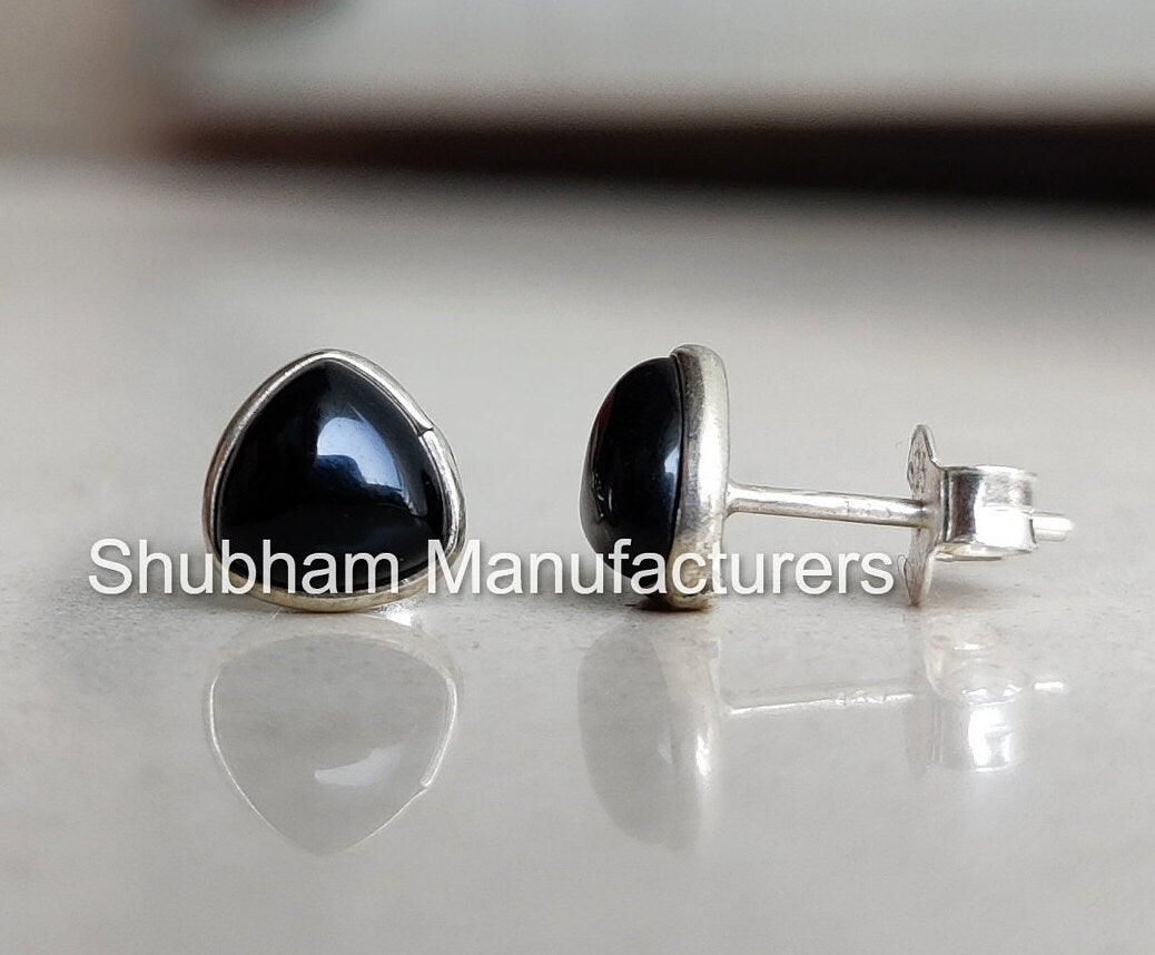 Black Onyx Stud Earrings, 925 Sterling Silver Studs, Black Studs for Women & Men, Cabochon Gemstone Earrings, Trillion Shape Studs for Girls