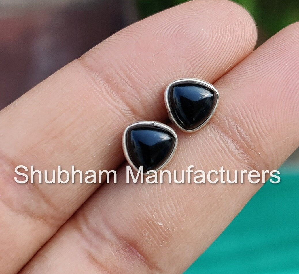 Black Onyx Stud Earrings, 925 Sterling Silver Studs, Black Studs for Women & Men, Cabochon Gemstone Earrings, Trillion Shape Studs for Girls