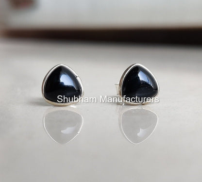 Black Onyx Stud Earrings, 925 Sterling Silver Studs, Black Studs for Women & Men, Cabochon Gemstone Earrings, Trillion Shape Studs for Girls