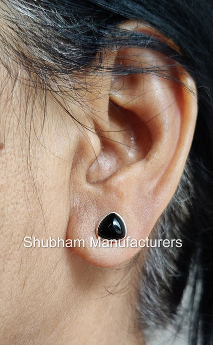 Black Onyx Stud Earrings, 925 Sterling Silver Studs, Black Studs for Women & Men, Cabochon Gemstone Earrings, Trillion Shape Studs for Girls