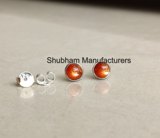 Sunstone Stud Earrings, 925 Sterling Silver Studs, Orange Gemstone Studs, Dainty Minimalist Earrings, Flashy Stone Jewelry, Unisex Jewelry