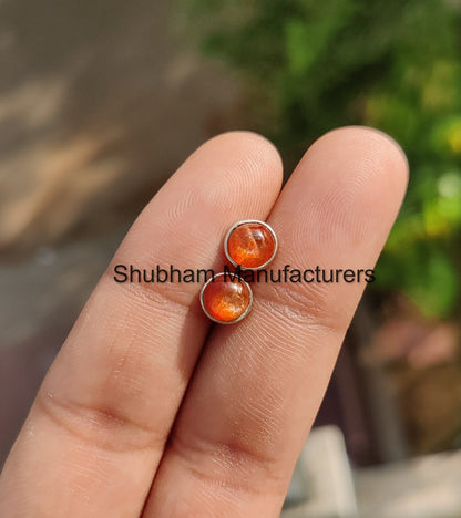 Sunstone Stud Earrings, 925 Sterling Silver Studs, Orange Gemstone Studs, Dainty Minimalist Earrings, Flashy Stone Jewelry, Unisex Jewelry