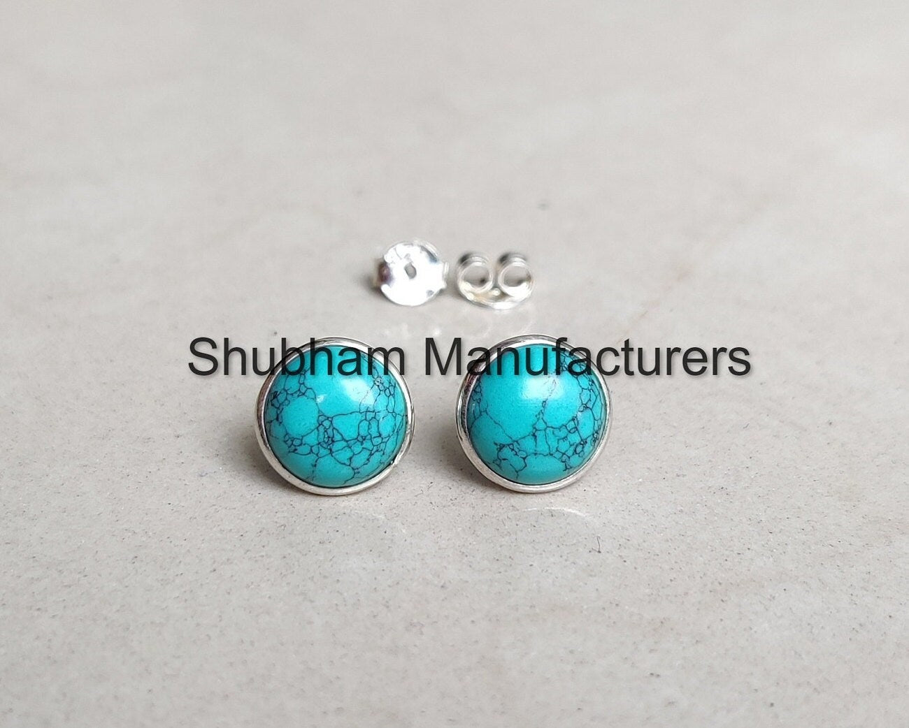 Turquoise Stud Earrings, 925 Sterling Silver Studs, Round Shape Earrings, Blue Gemstone Studs, Jewelry Gift for Women, Minimalist Style