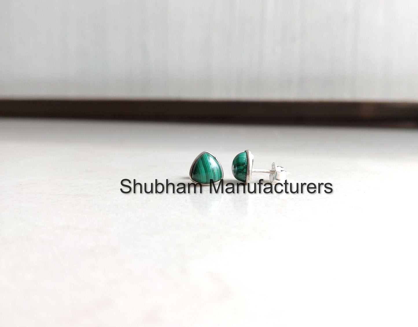 Natural Malachite Stud Earrings, 925 Sterling Silver Studs, malachite Silver Post Earrings, Simple Earrings for Women, Dainty Trillion Studs