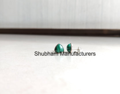 Natural Malachite Stud Earrings, 925 Sterling Silver Studs, malachite Silver Post Earrings, Simple Earrings for Women, Dainty Trillion Studs