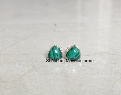 Natural Malachite Stud Earrings, 925 Sterling Silver Studs, malachite Silver Post Earrings, Simple Earrings for Women, Dainty Trillion Studs