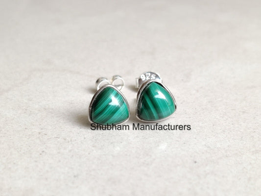 Natural Malachite Stud Earrings, 925 Sterling Silver Studs, malachite Silver Post Earrings, Simple Earrings for Women, Dainty Trillion Studs