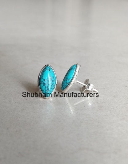 Genuine Turquoise Stud Earrings, 925 Sterling Silver Studs, Marquise Shape Earrings, Silver Turquoise Jewelry, Everyday Dainty Studs for Her