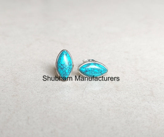 Genuine Turquoise Stud Earrings, 925 Sterling Silver Studs, Marquise Shape Earrings, Silver Turquoise Jewelry, Everyday Dainty Studs for Her