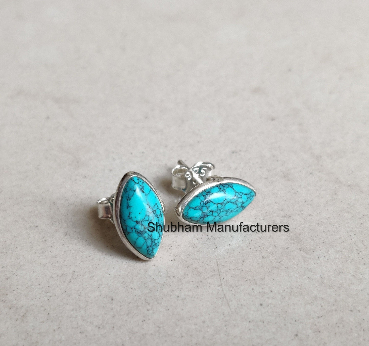 Genuine Turquoise Stud Earrings, 925 Sterling Silver Studs, Marquise Shape Earrings, Silver Turquoise Jewelry, Everyday Dainty Studs for Her