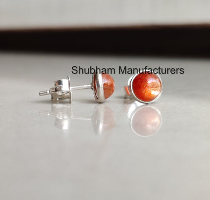 Sunstone Stud Earrings, 925 Sterling Silver Studs, Orange Gemstone Studs, Dainty Minimalist Earrings, Flashy Stone Jewelry, Unisex Jewelry