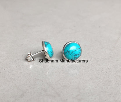 Turquoise Stud Earrings, 925 Sterling Silver Studs, Round Shape Earrings, Blue Gemstone Studs, Jewelry Gift for Women, Minimalist Style