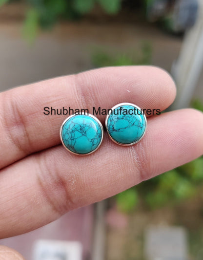 Turquoise Stud Earrings, 925 Sterling Silver Studs, Round Shape Earrings, Blue Gemstone Studs, Jewelry Gift for Women, Minimalist Style