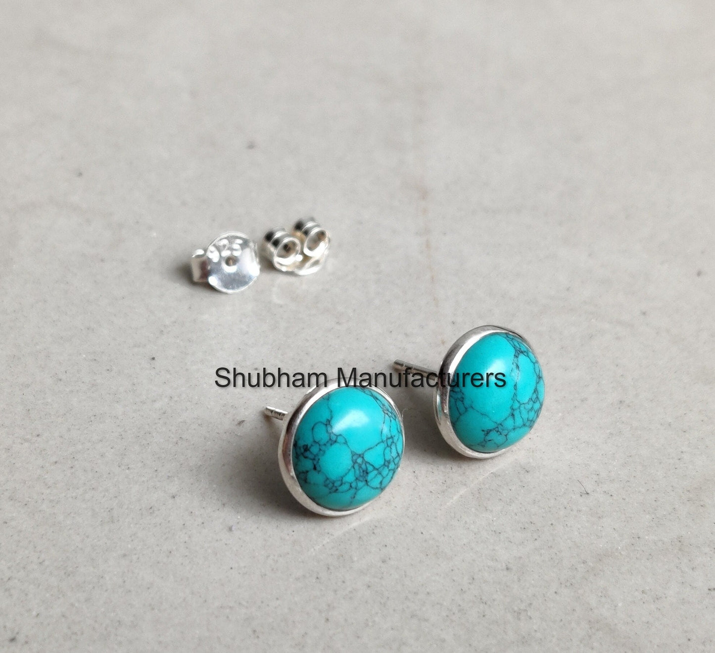 Turquoise Stud Earrings, 925 Sterling Silver Studs, Round Shape Earrings, Blue Gemstone Studs, Jewelry Gift for Women, Minimalist Style