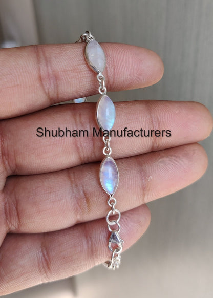 Natural Rainbow Moonstone 925 Sterling Silver Bracelet, Marquise Shape Adjustable Bracelet, Blue Flash moonstone Jewelry, Gemstone Bracelet