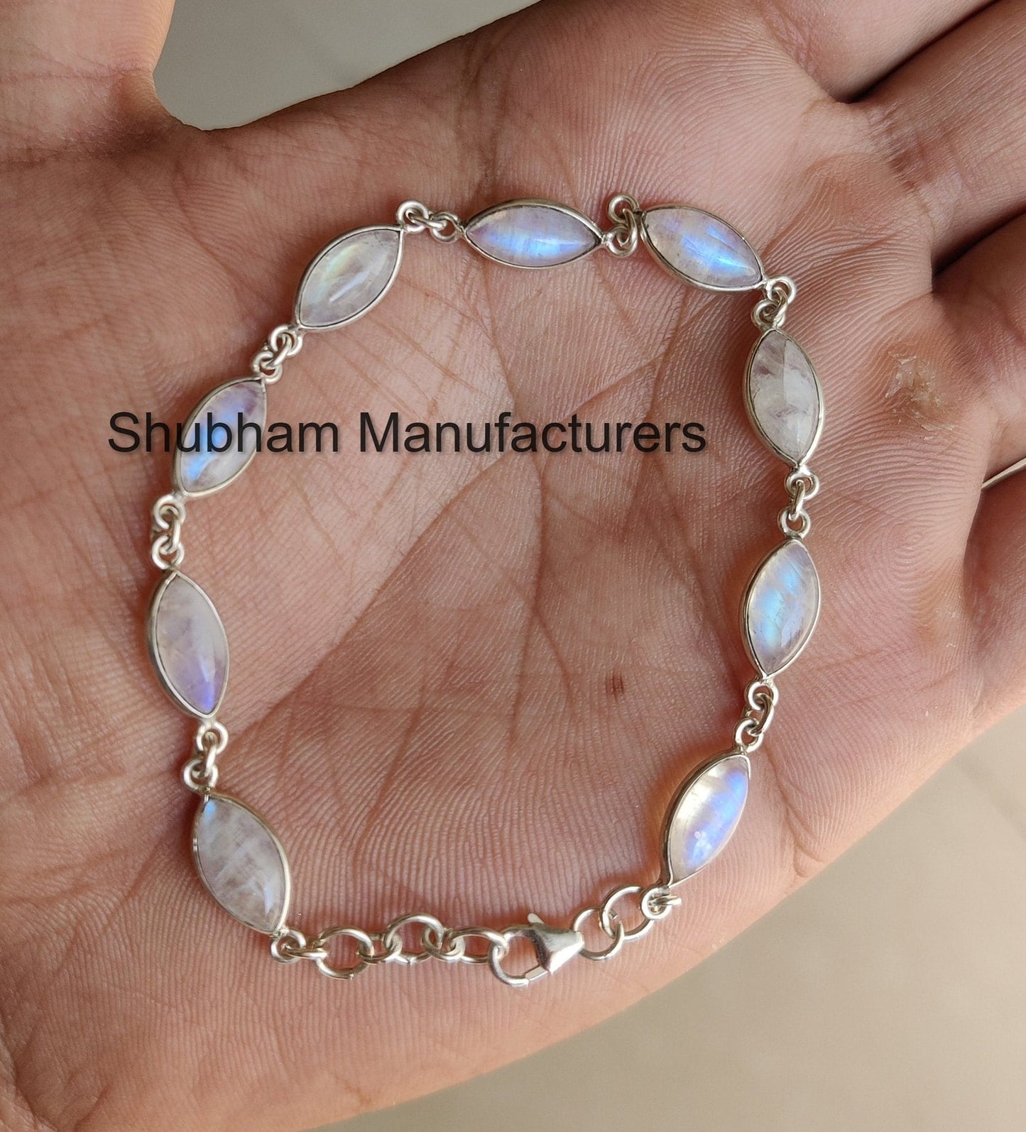 Natural Rainbow Moonstone 925 Sterling Silver Bracelet, Marquise Shape Adjustable Bracelet, Blue Flash moonstone Jewelry, Gemstone Bracelet