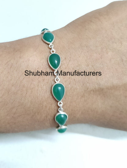 Natural Green Onyx Bracelet, 925 Sterling Silver Bracelet, Green Stone Adjustable Bracelet, Handmade Gemstone Jewelry, Birthstone Bracelet