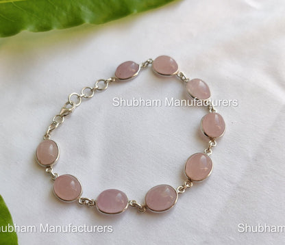 Natural Rose Quartz Bracelet, 925 Sterling Silver Bracelet, Pink Stone Bracelet, Pink Quartz Silver Jewelry, Adjustable Gemstone Bracelet