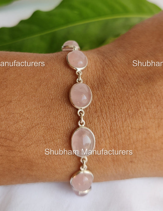 Natural Rose Quartz Bracelet, 925 Sterling Silver Bracelet, Pink Stone Bracelet, Pink Quartz Silver Jewelry, Adjustable Gemstone Bracelet