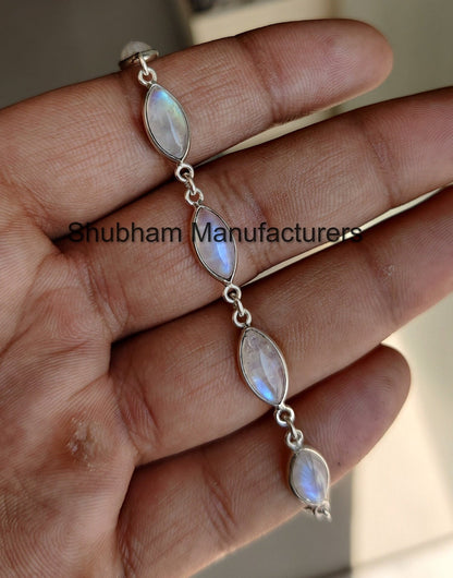 Natural Rainbow Moonstone 925 Sterling Silver Bracelet, Marquise Shape Adjustable Bracelet, Blue Flash moonstone Jewelry, Gemstone Bracelet