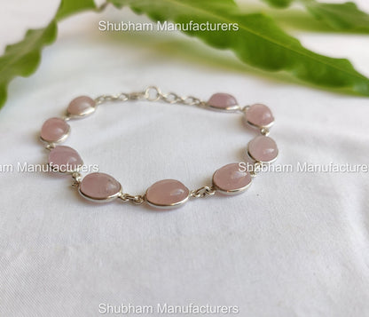 Natural Rose Quartz Bracelet, 925 Sterling Silver Bracelet, Pink Stone Bracelet, Pink Quartz Silver Jewelry, Adjustable Gemstone Bracelet