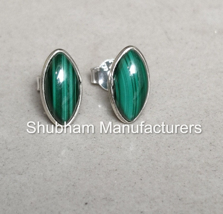 Natural Malachite Studs Earrings, 925 Sterling Silver Studs, Malachite Silver Post Earrings, Green Gemstone Earrings, Birthstone Jewelry