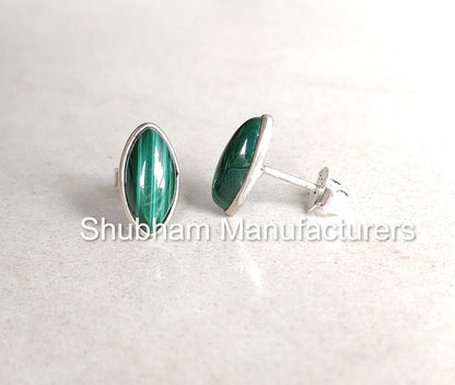 Natural Malachite Studs Earrings, 925 Sterling Silver Studs, Malachite Silver Post Earrings, Green Gemstone Earrings, Birthstone Jewelry