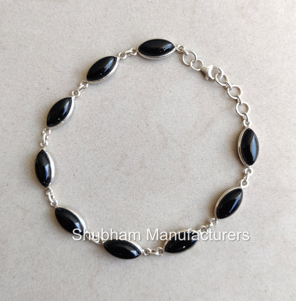 Natural Black Onyx Bracelet, 925 Sterling Silver Bracelet, Gemstone Adjustable Bracelet, Black Onyx Silver Jewelry, Handmade Gift for Women