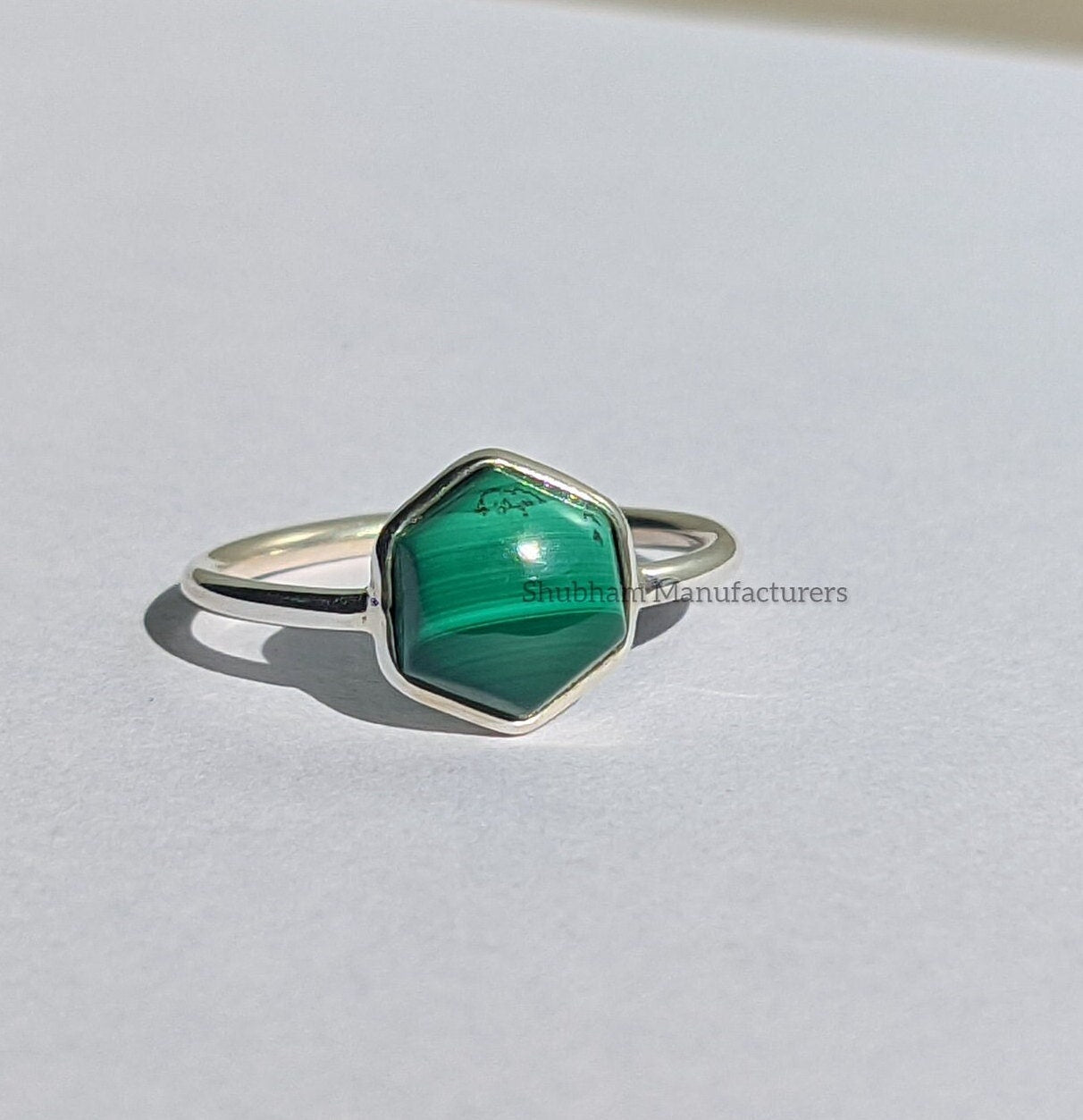 Natural Malachite Ring, 925 Sterling Silver, Green Gemstone Ring, Hexagon Shape Ring, Healing Crystal Ring, Gift for Her, Birthstone Jewelry