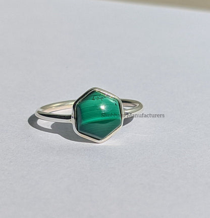 Natural Malachite Ring, 925 Sterling Silver, Green Gemstone Ring, Hexagon Shape Ring, Healing Crystal Ring, Gift for Her, Birthstone Jewelry