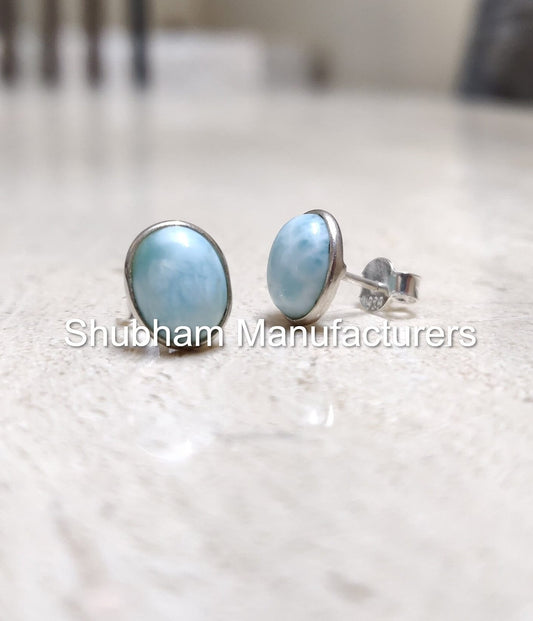 Natural Larimar Stud Earrings, 925 Sterling Silver Studs, Natural Gemstone Studs, Ocean Blue Aqua Earrings, Minimalist Earrings for Women