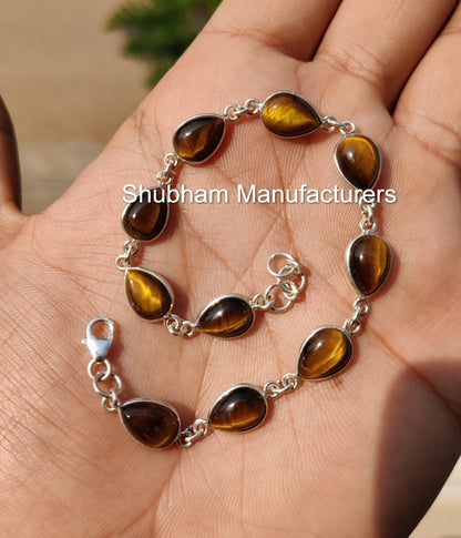 Tiger Eye 925 Sterling Silver Bracelet, Brown Gemstone Adjustable Bracelet, Tiger Eye Handmade Jewelry, Birthstone Bracelet for Women