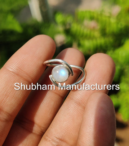 Natural Rainbow Moonstone Ring, 925 Sterling Silver Ring, Blue Fire Moonstone Ring, Birthstone Jewelry, Blue Moonstone Bypass Ring for Her