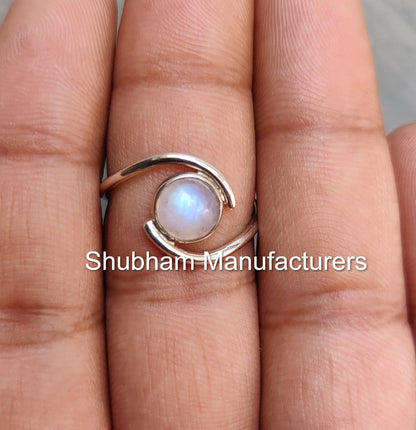 Natural Rainbow Moonstone Ring, 925 Sterling Silver Ring, Blue Fire Moonstone Ring, Birthstone Jewelry, Blue Moonstone Bypass Ring for Her