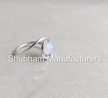 Natural Rainbow Moonstone Ring, 925 Sterling Silver Ring, Blue Fire Moonstone Ring, Birthstone Jewelry, Blue Moonstone Bypass Ring for Her