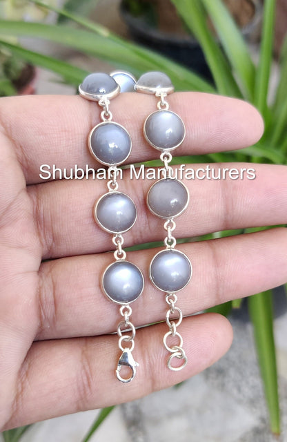 Natural Gray moonstone Bracelet, 925 Sterling Silver Bracelet, Healing Gemstone Adjustable Bracelet, June Birthstone Jewelry for Women