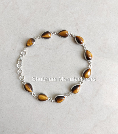 Tiger Eye 925 Sterling Silver Bracelet, Brown Gemstone Adjustable Bracelet, Tiger Eye Handmade Jewelry, Birthstone Bracelet for Women