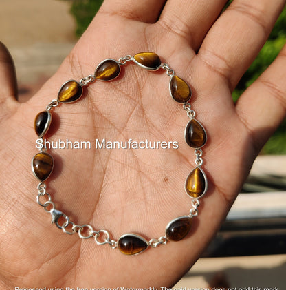 Tiger Eye 925 Sterling Silver Bracelet, Brown Gemstone Adjustable Bracelet, Tiger Eye Handmade Jewelry, Birthstone Bracelet for Women